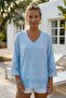 Light Blue V-Neck 3/4 Sleeve Hole Embroidery Casual Cotton Woven Blouse 65 60 - 3