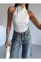 Women's White Halter Neck Open Back Sandy Fabric Blouse - 2