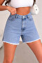 Women's High Waist Blue Denim Shorts with Slit Detail - 5