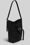 Luna Suede Black Bucket Shoulder Bag - Adjustable Shoulder Strap, Gold Accessories