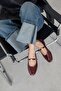 Libon Women's Buckle Detailed Wrinkled Leather Ballerinas Claret Red - 2