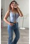 Women's Blue Lace Detailed Crop Top / Corset-Look Bustier - 2