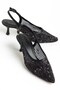 Women's Short Heeled Shoes with Black Mesh and Straw Detail - 3