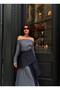 Women's Anthracite Plaid Decorated Asymmetrical Cut Boat Neck Long Sleeve Denim Detailed Midi Dress - 2