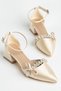 Women's Gold Semi-Closed Ankle Strap Ribbon and Stone Low Heel Stiletto Shoes - 2