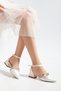 Women's Cream Semi-Closed Ankle Strap Ribbon Stone Low Heel Stiletto Shoes - 3