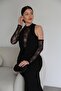 Sheer Lace Detailed Maxi Long Length Premium Black Dress - 7
