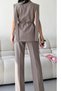 Gray Women's Belted Waist Shoulder Detail Vest Palazzo Trousers Woven Fabric Two-Piece Set - 4