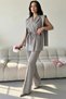 Gray Women's Belted Waist Shoulder Detail Vest Palazzo Trousers Woven Fabric Two-Piece Set - 2
