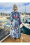Turquoise Color Madonna Collar Gold Detailed Long Sleeve Silk Dress - 4