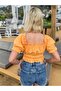 Orange Color Ruffled and Gathered Tassel Trim Boat Neck Blouse - 4