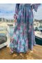 Turquoise Color Madonna Collar Gold Detailed Long Sleeve Silk Dress - 3