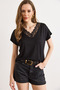 Women's Black Collar Wide Lace Knitted Viscose Blouse Blz-19003294