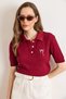 Women's Burgundy Bow Embroidered Polo Collar Hair Knit Seasonal Knitwear Blouse Blz-19003222 - 5