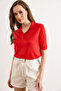 Women's Red Polo Collar Viscose Draped Mercerized Blouse Blz-19003300 - 5