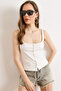 Women's White Strappy Buttoned Buckle Cotton Blouse Blz-19003288