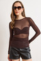 Women's Brown Draped Detailed Stoned Transparent Tulle Blouse Blz-19003296 - 2