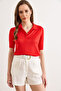 Women's Red Polo Collar Viscose Draped Mercerized Blouse Blz-19003300 - 2
