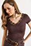 Women's Brown Collared Lace Flexible Viscose Ribbed Blouse Blz-19003287