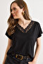 Women's Black Collar Wide Lace Knitted Viscose Blouse Blz-19003294 - 4