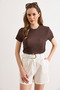Women's Bitter Brown Crew Neck Short Sleeve Pleated Blouse Blz-19002892 - 2