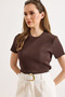 Women's Bitter Brown Crew Neck Short Sleeve Pleated Blouse Blz-19002892 - 4