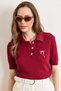 Women's Burgundy Bow Embroidered Polo Collar Hair Knit Seasonal Knitwear Blouse Blz-19003222 - 3