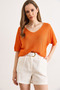 Women's Orange V-Neck Mercerized Bat Draped Knitwear Blouse Blz-19003210 - 2