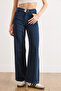 Women's Navy Blue Belted Washed Wide Leg Gabardine Trousers Pnt-19000396 - 2