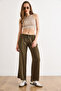 Women's Dark Khaki Slim Elastic Waist Washed Draped Viscose Trousers Pnt-19000400 - 5