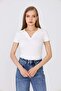 Women's Ecru Polo Collar Ribbed Casual Blouse - H6038