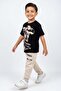 Boy's Beige Pajama Set with Lettering and Skateboard Dino Print and Ankle Cuffs - 3
