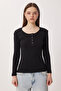 Layered Snap Fastener Ribbed Knitted Blouse Lrn0030 Black - 4