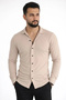 Men's Waffle Fabric Long Sleeve Buttoned Open Collar Regular Fit Shirt - Beige - 2