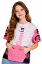 Girl's Text Patterned Short Sleeve T-Shirt with Kangaroo Pocket - 2