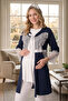 Yenisezon Navy Blue Ecru Summer Polka Dot Buttoned Short Sleeve Lace Maternity Dressing Gown Pajama Set