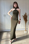 Elegant Midi Dress with Neck Accessory, High Collar, and Slit at the Back - 5