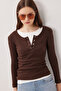 Layered Snap Fastener Ribbed Knitted Blouse Lrn0030 Brown