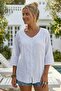 White V-Neck 3/4 Sleeve Buttoned Embroidered Cotton Oversize Woven Blouse 73 60 - 4