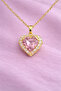 Heart Cut Pink Shiny Stone Detailed Gold Color Necklace
