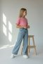 Girl's Wide Leg Jean Pants Ice Blue Pink Ribbon Embroidered High Waist Relaxed Fit Denim - 2