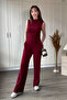 High Collar Gathered Waist Asymmetrical Trousers Blouse Burgundy Set - 6