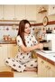 Crew Neck Cream Ecru Color Striped Teddy Bear Pattern Milan Fabric Short Sleeve Women's Pajama Set Soft - 2