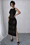 Crew Neck Openwork Patterned 100% Cotton Midi Length Pareo-Beach Dress with Slit Detail - 2