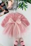 My Little Girl's Rose Patterned Long Sleeve Evening Dress - Pink - 3