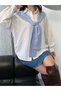 Women's Scarf Detail Long Sleeve Terry Cotton Striped Shirt 3201 - 8