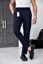 Men's Navy Blue Relaxed Fit Elastic Waist Lace-Up Jogger Fabric Trousers with Side Pockets - 5