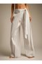 Ecru Women's Tie-Waist High Waist Palazzo Trousers with Wide Legs and Double Breasted Detail, Stylish Fabric Pants - 2