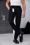 Men's Black Relaxed Fit Elastic Waist Lace-Up Jogger Fabric Trousers with Side Pockets - 5