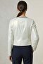 Green Chain Detailed Zippered Crew Neck Women's Genuine Leather Jacket - 3
